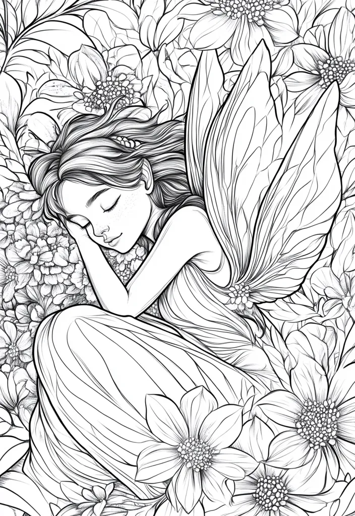 A delicate line drawing depicts a fairy peacefully sleeping amidst a bed of intricately detailed flowers.  Her wings are large and intricately patterned, folded gently around her.  The fairy’s dress flows gracefully around her, mirroring the soft curves of the blossoms. The overall style is elegant and whimsical, suitable for a coloring book or intricate artwork.