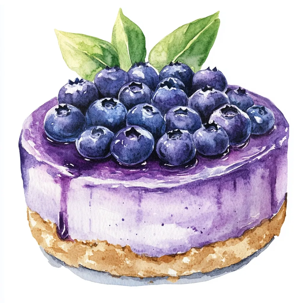 A watercolor painting depicts a delectable blueberry cheesecake.  The cheesecake boasts a creamy purple filling, generously topped with plump, juicy blueberries and a glossy glaze.  A few green leaves add a touch of freshness. The base appears to be a light brown crust. The overall style is vibrant and appetizing.