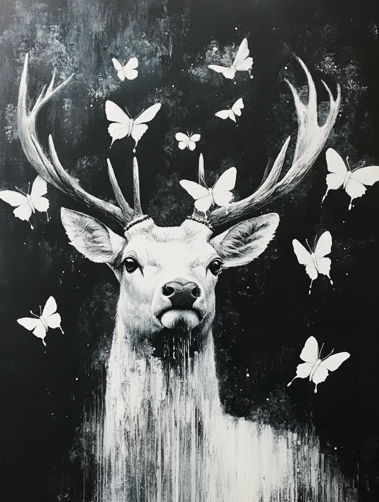 A monochromatic artwork depicts a majestic white deer, its antlers adorned with delicate white butterflies.  The deer's serene expression contrasts with the dark, textured background. More butterflies flutter around its head and body, creating a mystical and ethereal atmosphere. The painting uses a blend of sharp lines and textured brushstrokes, adding depth and movement to the scene.