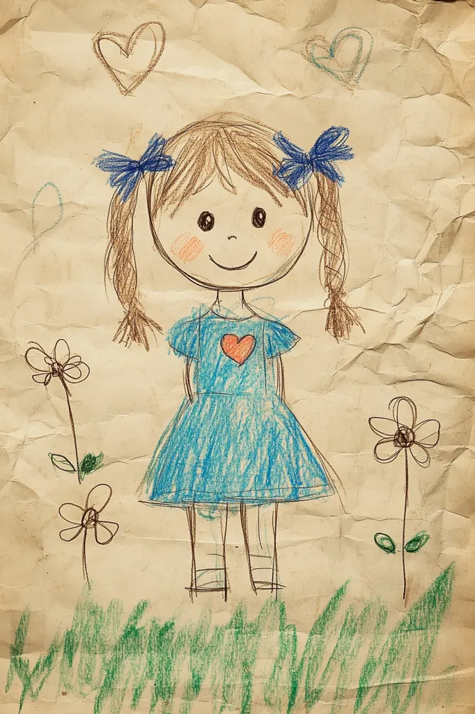 A child's crayon drawing depicts a girl in a blue dress.  She has brown hair with blue bows, rosy cheeks, and a happy smile.  A red heart adorns her dress.  Simple flowers and grass complete the scene, drawn on crumpled, aged paper. Two hearts float above her head, adding to the sweet, innocent nature of the artwork.