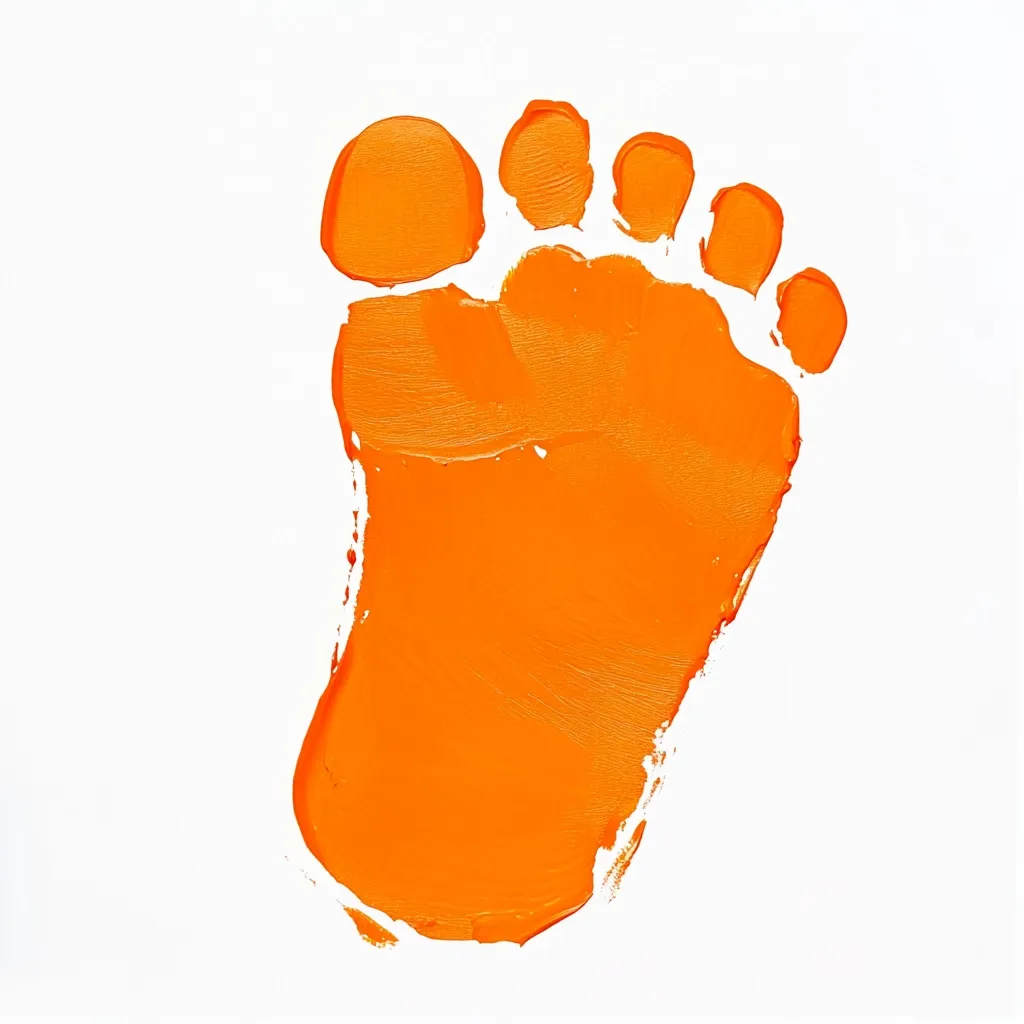 A vibrant orange footprint, seemingly painted with thick strokes of paint, is prominently displayed against a stark white background.  The toes are distinctly visible, and the overall texture suggests a direct application of paint, possibly a handprint. The bold color and simple composition create a striking visual.