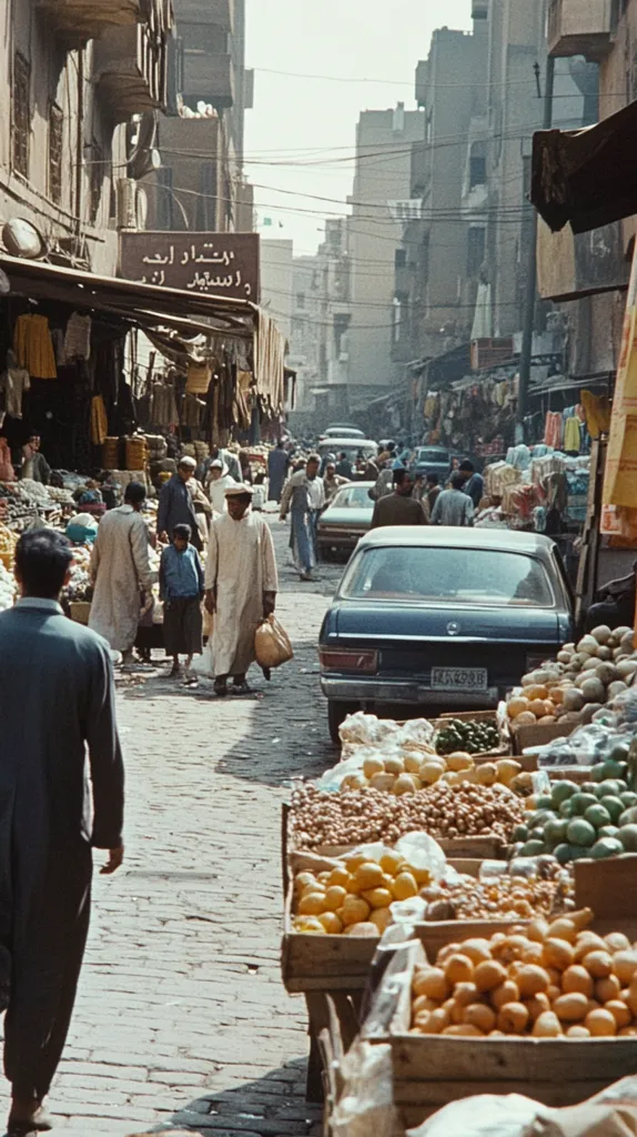 A bustling street scene in a Middle Eastern city, possibly Cairo. People stroll past market stalls overflowing with colorful fruits and nuts.  A dark-colored car is parked amidst the activity.  The buildings are aged, with overhanging awnings and signs written in Arabic. The overall atmosphere is vibrant and lively, showcasing everyday life in a historical urban setting.