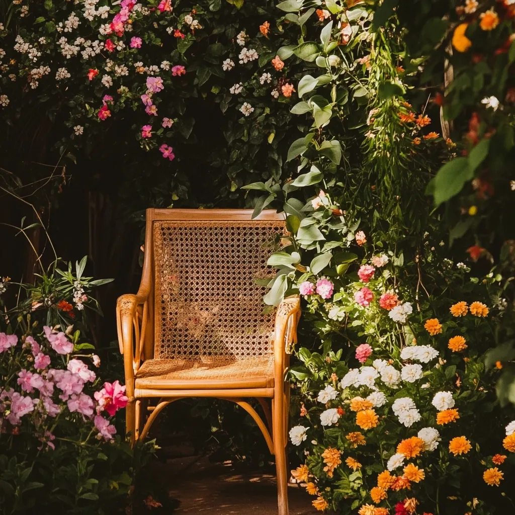 A rustic wooden chair with a woven seat sits nestled in a vibrant garden.  Surrounding the chair are lush green plants and a profusion of colorful flowers in shades of pink, orange, and white.  Sunlight filters through the foliage, creating a tranquil and serene atmosphere. The scene evokes a feeling of peaceful relaxation in a natural setting.