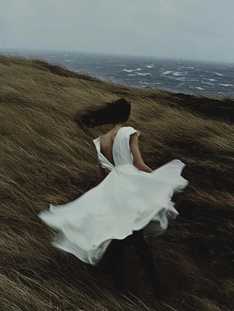 A woman in a flowing white dress runs through tall, windswept grass overlooking a turbulent sea.  Her hair streams behind her, blurred by motion. The scene is moody and atmospheric, with a palette of muted grays, browns, and the off-white of her dress. The overall feeling is one of freedom and wildness, juxtaposed against the stormy ocean backdrop.
