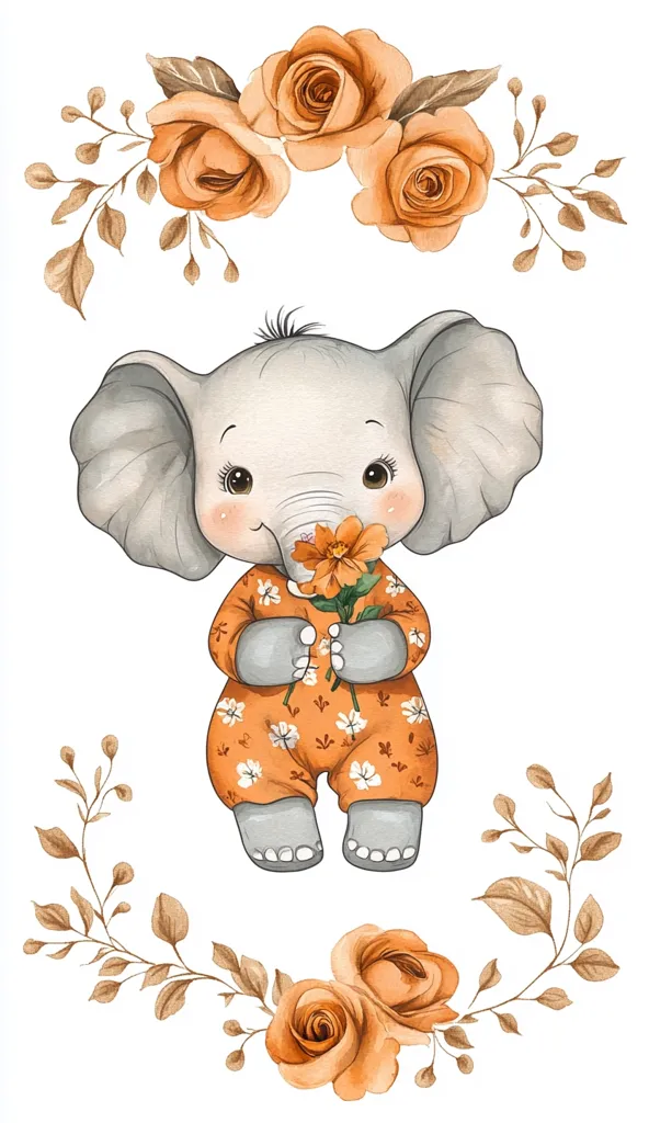 An adorable baby elephant, dressed in an orange floral onesie, holds a single orange flower.  It's surrounded by delicate watercolor illustrations of orange roses and brown foliage, creating a charming and whimsical design. The overall style is soft and gentle, perfect for nursery decor or children's products.