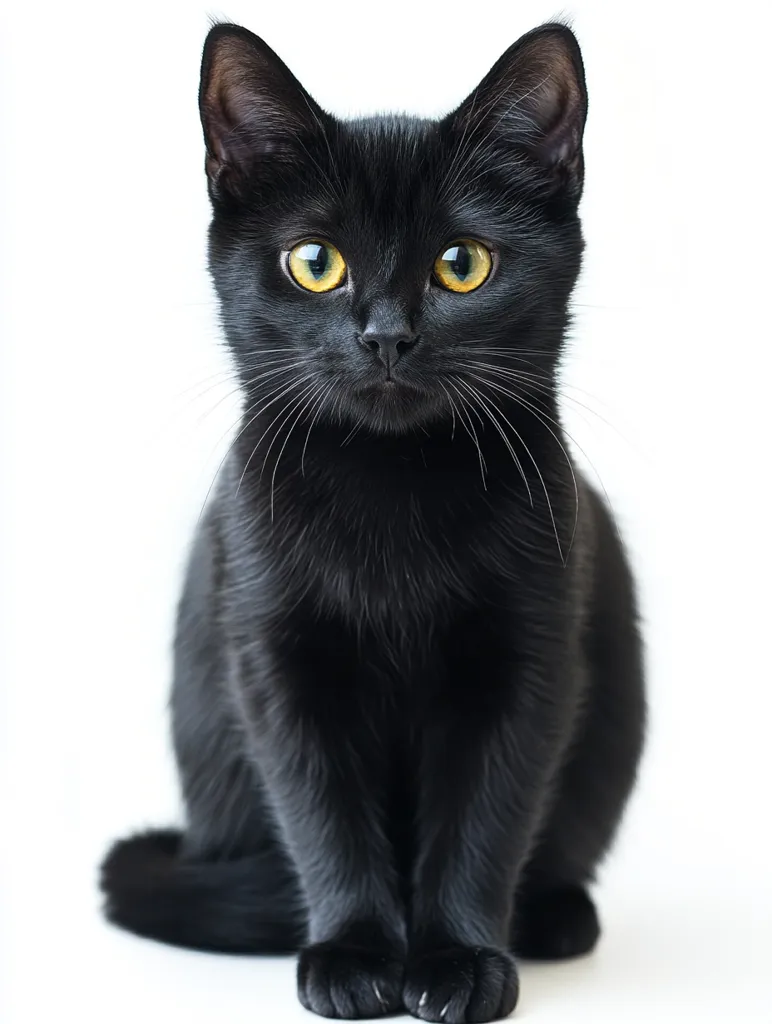 A captivating black kitten with bright yellow eyes sits against a stark white background. Its sleek, black fur is well-groomed, and its posture is alert and engaging. The kitten's intense gaze directly at the camera creates a striking and memorable image.  The contrast between the dark fur and the bright background emphasizes the kitten's features.
