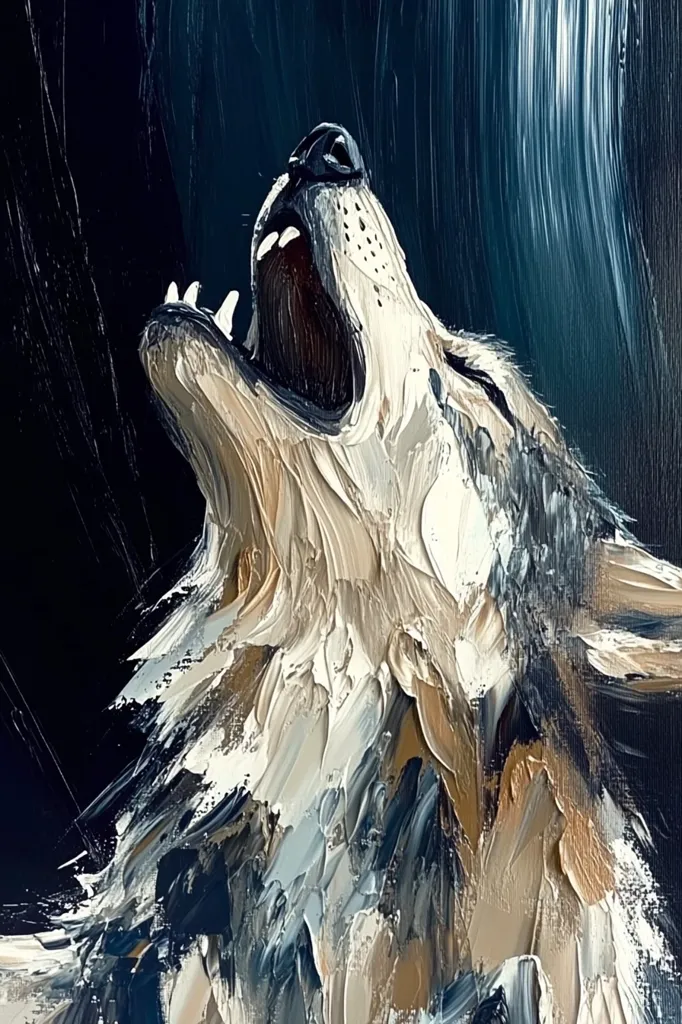 A powerful oil painting depicts a wolf's head thrown back in a howl.  The artist uses thick, textured brushstrokes of off-white, gray, and black to create a dynamic sense of movement and emotion. The background is a dark, moody blue, suggesting a nighttime or stormy setting.  The wolf's expression is one of intense, primal release.