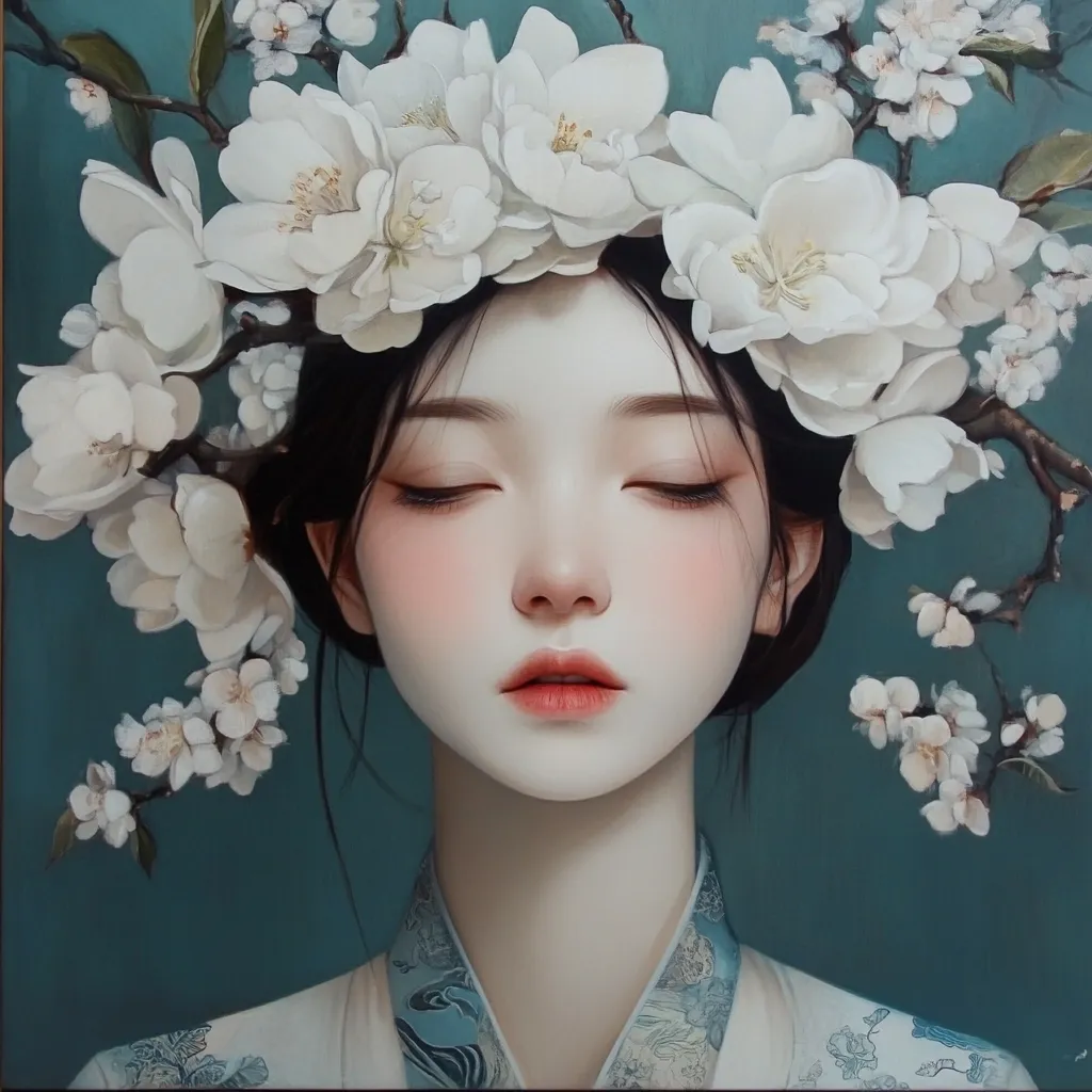 A serene portrait of a young woman adorned with a crown of delicate white blossoms. Her eyes are gently closed, and her expression is peaceful.  She is dressed in a light-colored garment with a patterned collar, suggesting traditional East Asian attire. The background is a muted teal, contrasting beautifully with the bright white flowers and the woman's pale skin. The overall style is reminiscent of digital painting or hyperrealistic art.