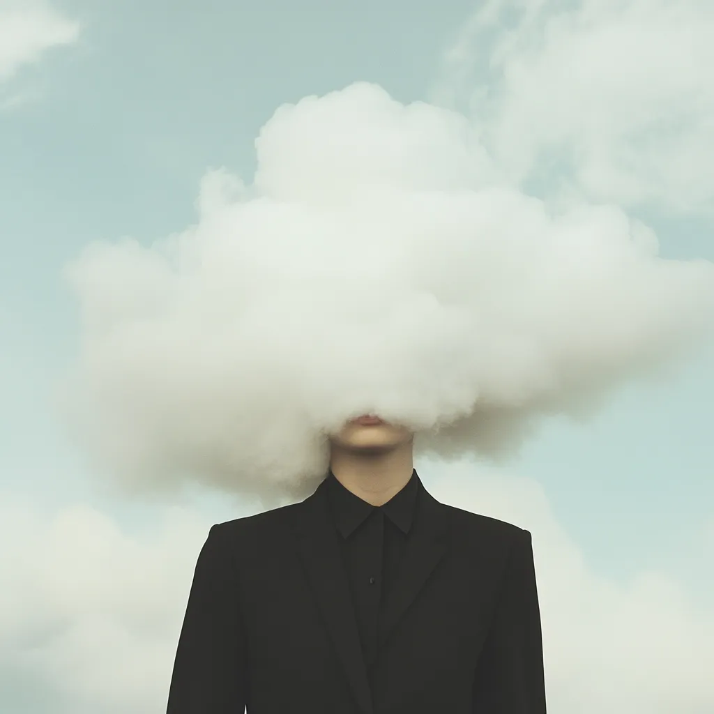 A surreal image depicts a person in a black suit, their head obscured by a large, fluffy white cloud against a pale blue sky.  The cloud completely covers their face, creating a sense of mystery and hidden identity. The contrast between the solid, dark suit and the ethereal cloud emphasizes the juxtaposition of the tangible and intangible. The overall mood is contemplative and dreamlike.