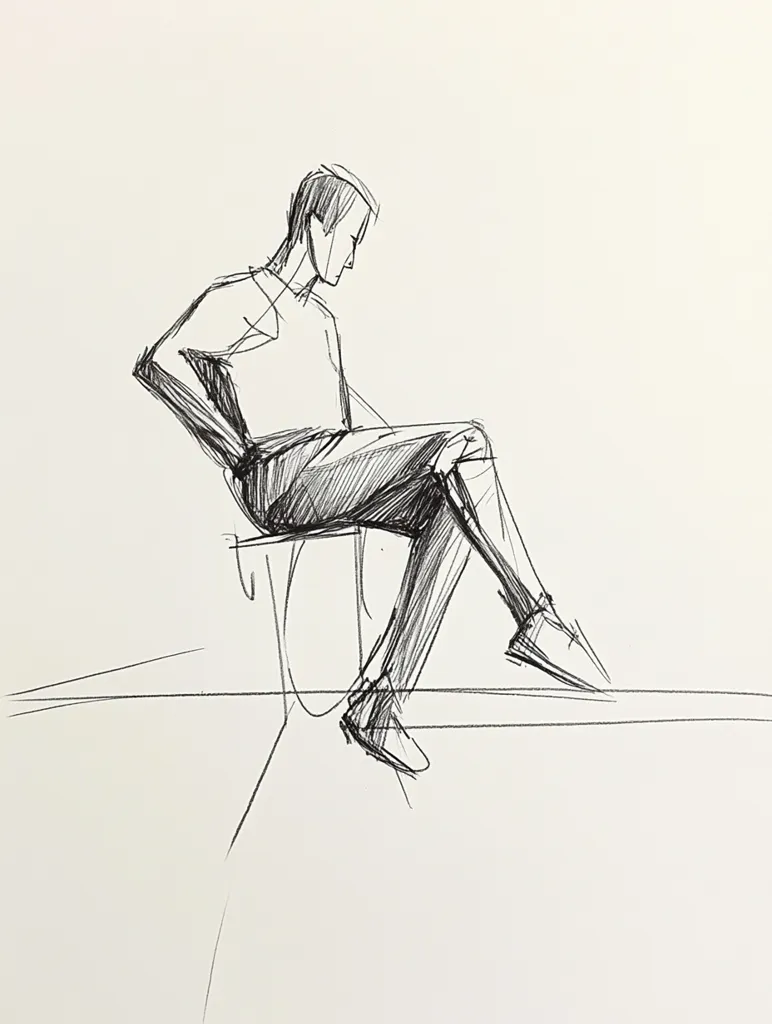 A pencil sketch depicts a man sitting on a stool, his body slightly hunched forward. He is wearing a simple shirt and pants. The style is loose and gestural, emphasizing the figure's posture and movement rather than precise detail.  The lines are quick and expressive, capturing a sense of casual repose. The background is minimal, focusing attention on the figure.
