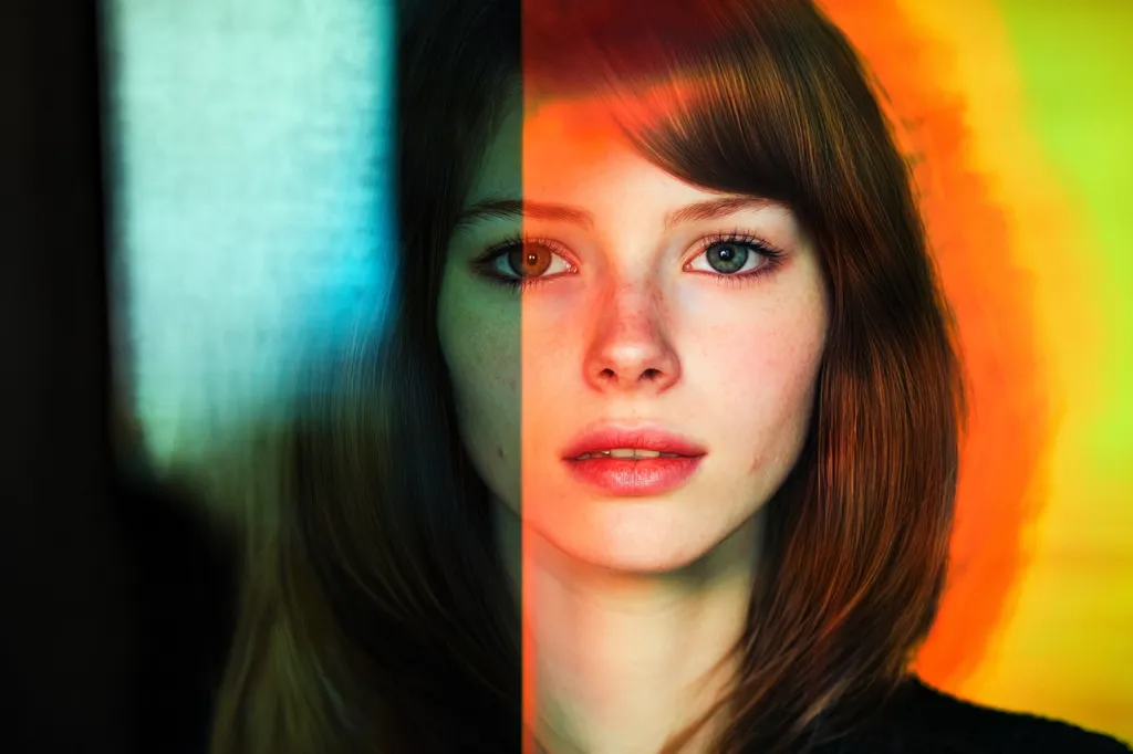 A young woman with shoulder-length brown hair is the focus of the image.  Half her face is illuminated by a vibrant orange light, contrasting sharply with a cool, teal light on the other side.  Her expression is serene, and her freckles are visible. The background is a blurry blend of warm and cool tones, creating a dramatic effect. The overall mood is artistic and slightly mysterious.