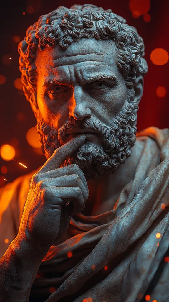 A close-up shot of a meticulously detailed bust sculpture of a bearded man, possibly Roman or Greek in style.  His expression is serious, almost pensive, as his finger rests thoughtfully against his chin. The stone is rendered with remarkable texture, and the lighting enhances the depth and shadows, creating a dramatic effect against a fiery orange and red bokeh background.  The overall mood is one of profound contemplation and classical elegance.