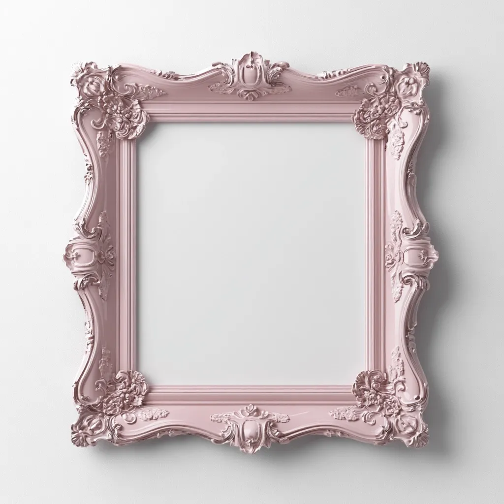 A pale pink, ornate picture frame hangs against a white wall.  The frame is rectangular with a highly decorative, rococo-style border featuring swirling acanthus leaves and floral motifs.  The frame is empty, providing a blank space for an image or artwork. The overall aesthetic is feminine and elegant.