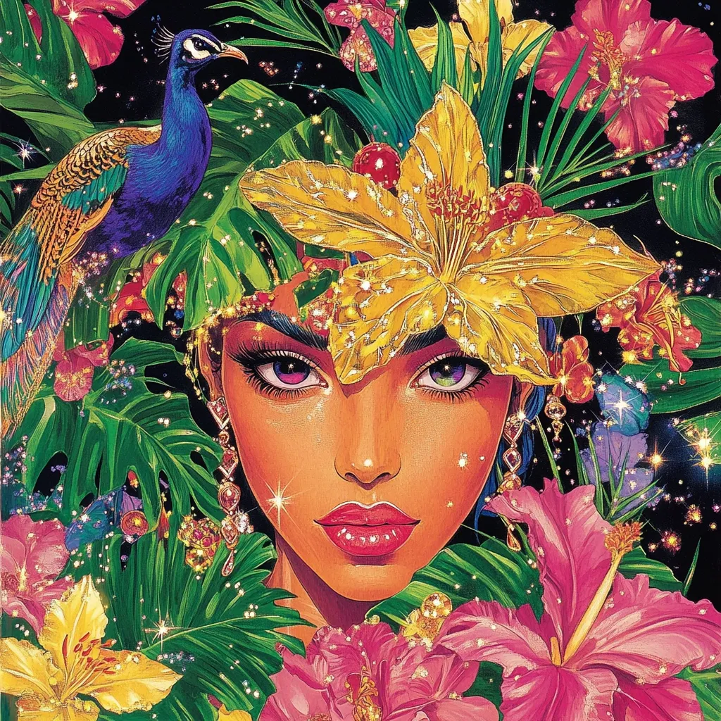 A vibrant illustration depicts a woman's face adorned with a headdress of glittering yellow and pink flowers.  A peacock perches on her shoulder, adding to the tropical theme. Lush, jeweled green leaves and vibrant blossoms surround her, creating a dazzling, sparkling effect against a dark background.  Her expression is serene and captivating. The overall style is lush, extravagant, and richly detailed.
