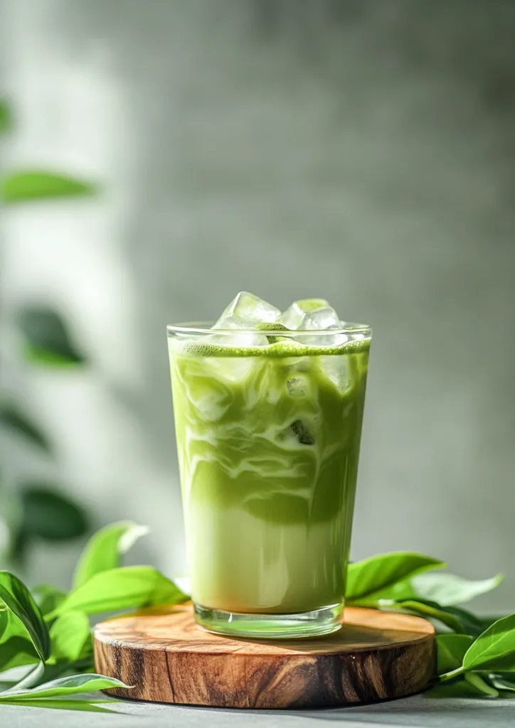 A refreshing iced matcha latte sits on a wooden coaster, surrounded by lush green leaves.  The vibrant green beverage is layered with creamy milk, showcasing swirls of matcha powder. Ice cubes are visible near the top.  The background is a muted grey, providing a calming contrast to the bright green drink. The overall image evokes a sense of serenity and refreshment.