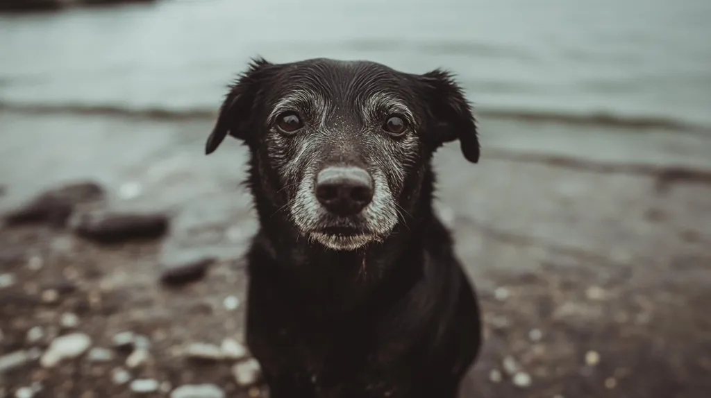 A senior black dog sits on a beach, looking directly at the camera.  Its fur is wet and dark, showing graying around its muzzle and eyes. The dog's expression is calm and somewhat wistful.  The background is blurred, focusing attention on the dog, with a body of water visible in the distance.  The overall mood is serene and slightly melancholic.