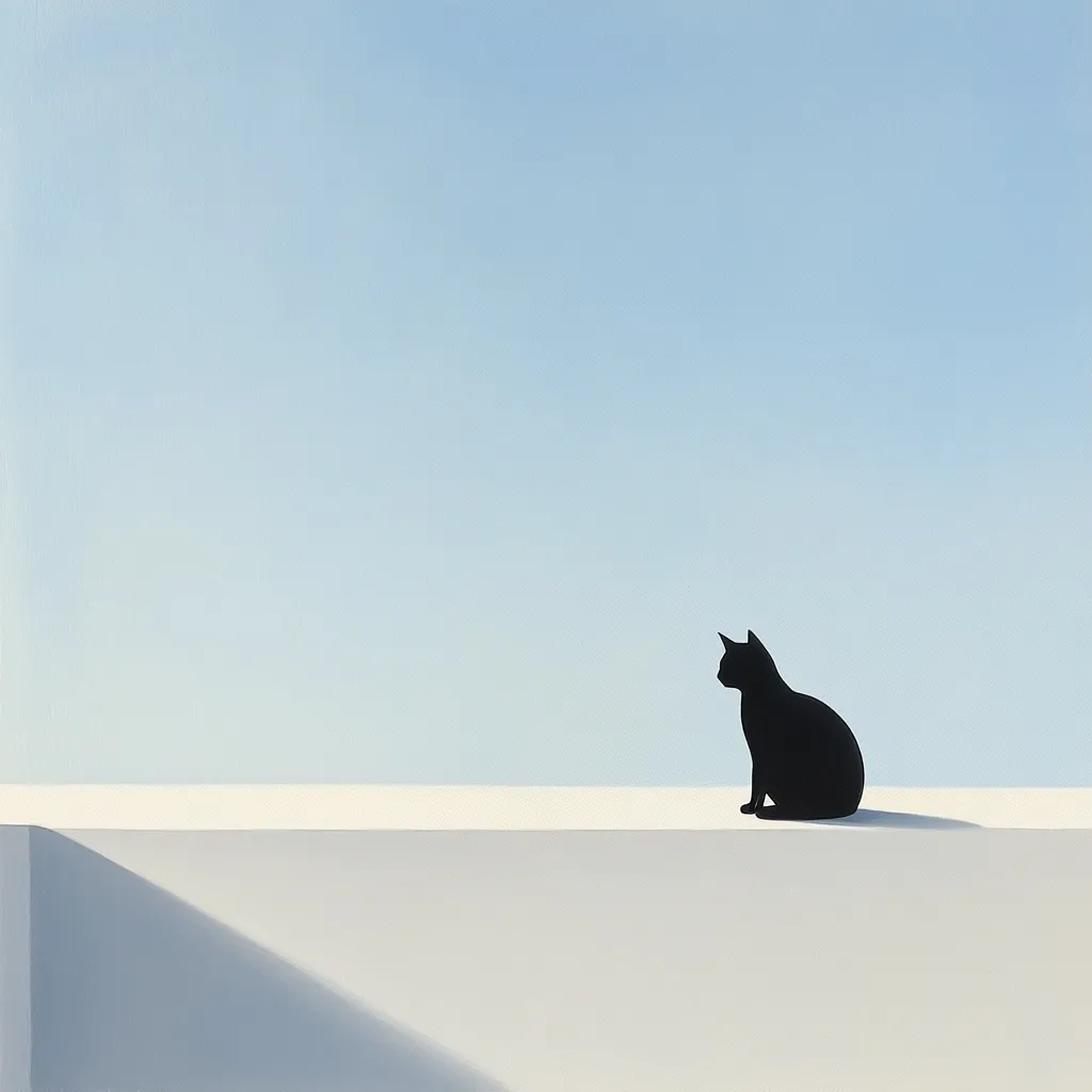 A minimalist painting depicts a black cat silhouetted against a pale blue sky. The cat sits on a white wall, its shadow cast subtly below.  The composition emphasizes simplicity and the contrast between the dark cat and the bright, airy background.  The overall mood is serene and contemplative.