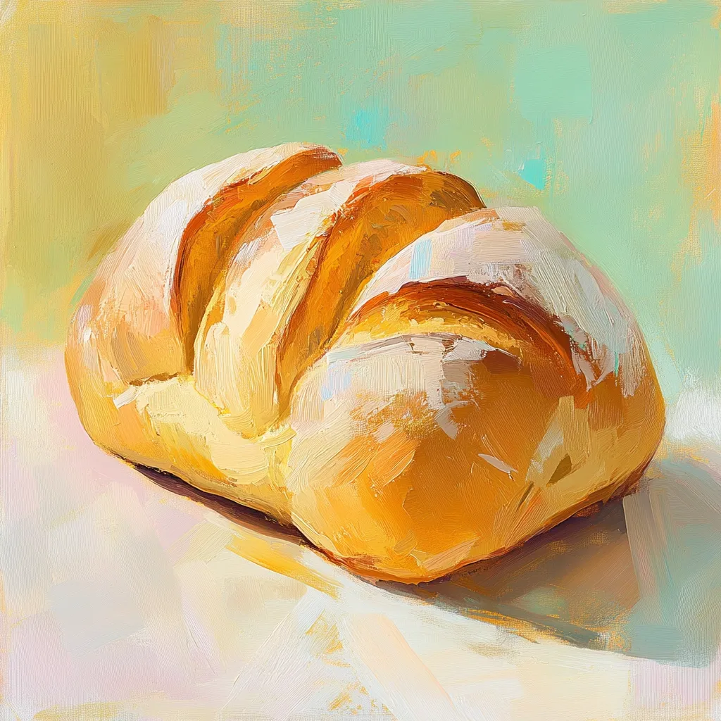 A loaf of golden-brown bread, freshly baked, rests on a pale surface.  The bread's crust is depicted with visible brushstrokes, highlighting its texture and warmth.  The background is a soft, pastel green, creating a pleasing contrast to the bread's rich color. The painting style is impasto, with thick layers of paint creating a three-dimensional effect.