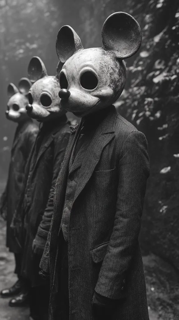 A monochrome image depicts three figures in suits and Mickey Mouse-style masks standing in a row. The masks are aged and worn, adding to the eerie atmosphere.  The figures are positioned against a dark, textured background, suggesting a somber and mysterious setting. The overall composition evokes a sense of unease and intrigue.