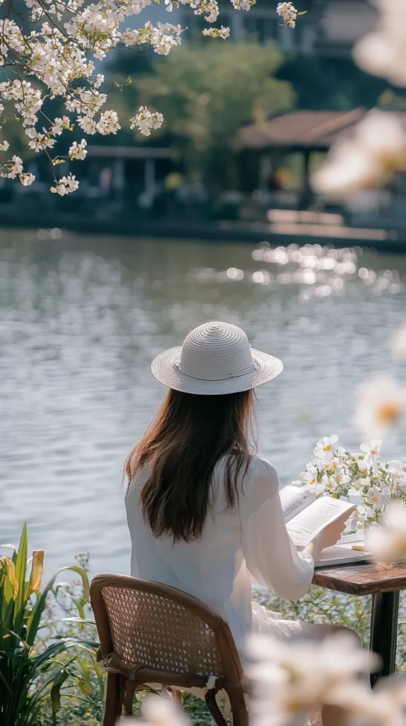 A woman sits outdoors by a calm lake, wearing a white sun hat and dress.  She's reading a book at a small table, surrounded by blooming white flowers and lush greenery. The serene scene evokes a feeling of peace and tranquility.  Sunlight glistens on the water's surface, adding to the idyllic atmosphere.