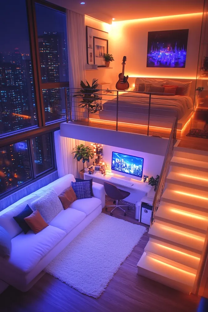 A modern, stylish loft apartment at night, bathed in warm and cool LED lighting.  A white sofa sits below a loft bedroom featuring a bed, guitar, and city skyline artwork.  A computer workspace is visible, and a staircase with integrated lighting leads to the upper level. Large windows offer a stunning nighttime city view.  The overall aesthetic is cozy and contemporary.