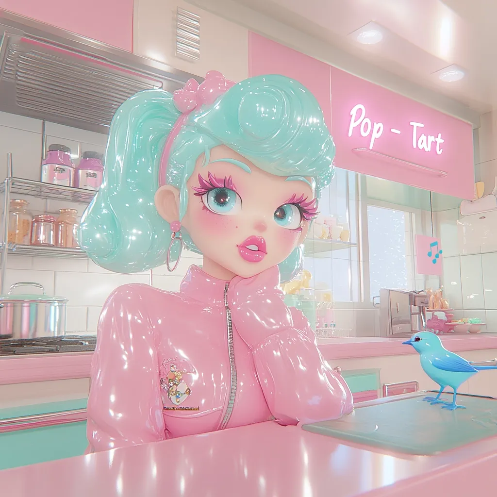 A digital rendering of a stylized female character with pastel pink and mint green hair, in a pink shiny jacket, rests her chin on her hand in a pastel pink kitchen.  The background features a "Pop-Tart" sign and a light blue bird sits on the counter. The overall aesthetic is whimsical and retro, reminiscent of 1950s design with a modern, vibrant twist.