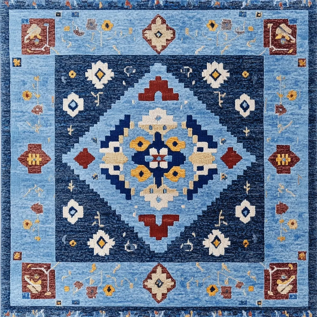 A square rug features a vibrant blue and navy color scheme.  A central medallion, detailed with geometric patterns in beige, yellow, and maroon, is surrounded by a repeating floral motif.  The design includes stylized flowers and geometric shapes, creating a layered and intricate effect. The rug's border is a lighter blue, further emphasizing the central pattern. The overall style suggests a southwestern or traditional design.