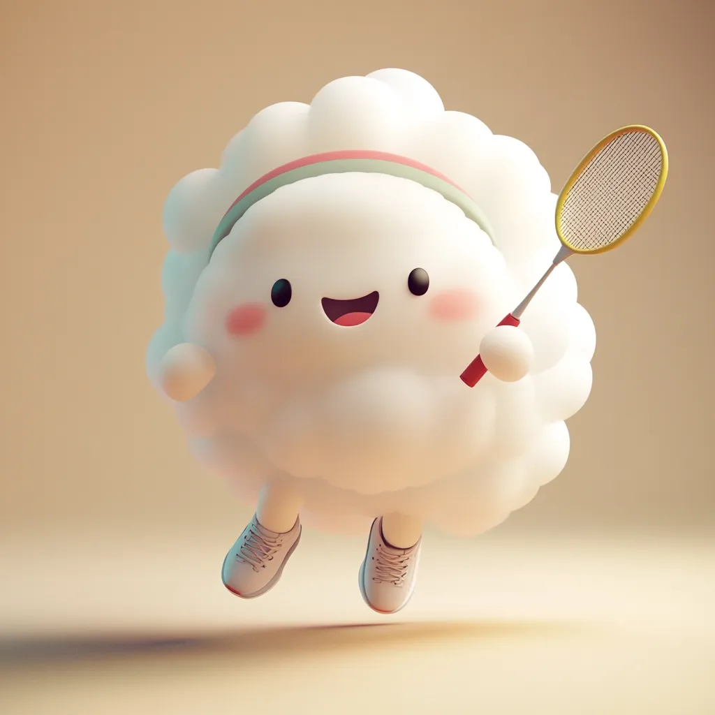A cheerful, cloud-shaped character, wearing sneakers and a headband, joyfully holds a badminton racket.  Its adorable features and playful pose create a whimsical and lighthearted image. The cloud floats against a soft, beige backdrop, enhancing its airy and carefree nature. The overall style is cute and 3D rendered.