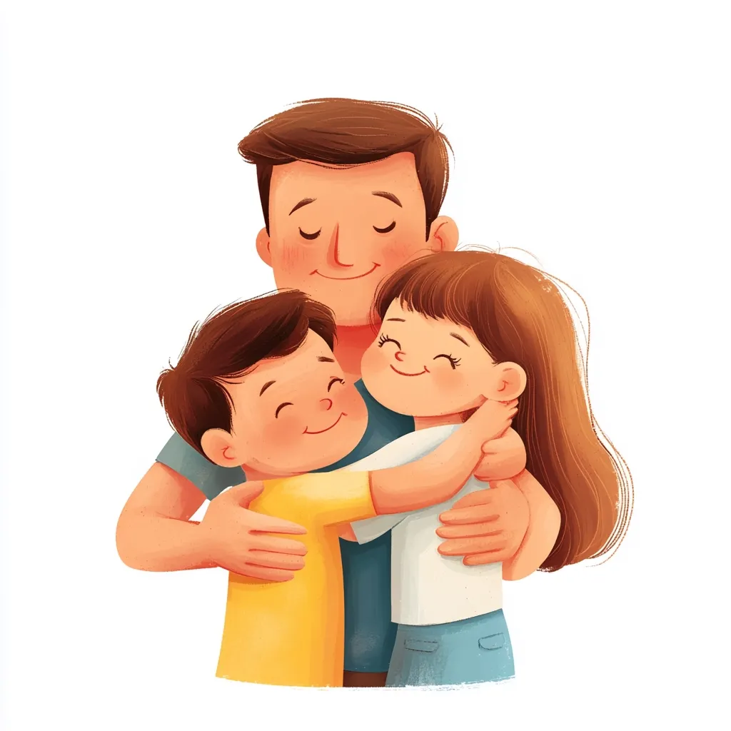 A heartwarming illustration depicts a father embracing his son and daughter.  The children, with joyful expressions, hug their father tightly. The father's eyes are closed, conveying peace and contentment. The image radiates warmth and familial love, capturing a tender moment of affection and togetherness.  The art style is soft and whimsical, emphasizing the loving bond between them.
