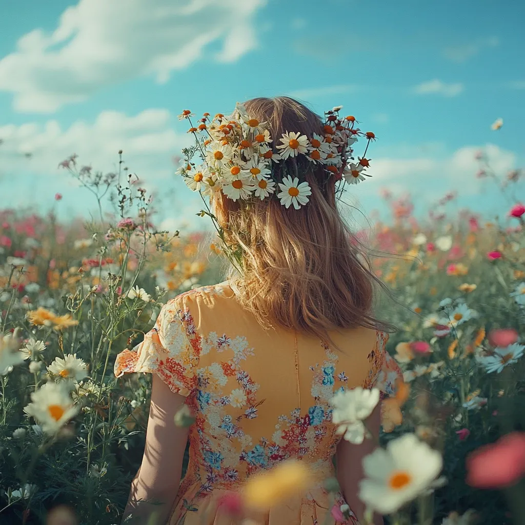 A young woman with long, light brown hair adorned with a daisy crown stands in a vibrant field of wildflowers.  She wears a yellow floral dress, her back to the camera, gazing out at the colorful blossoms under a bright, partly cloudy sky.  The scene evokes a sense of peace and carefree summer joy.