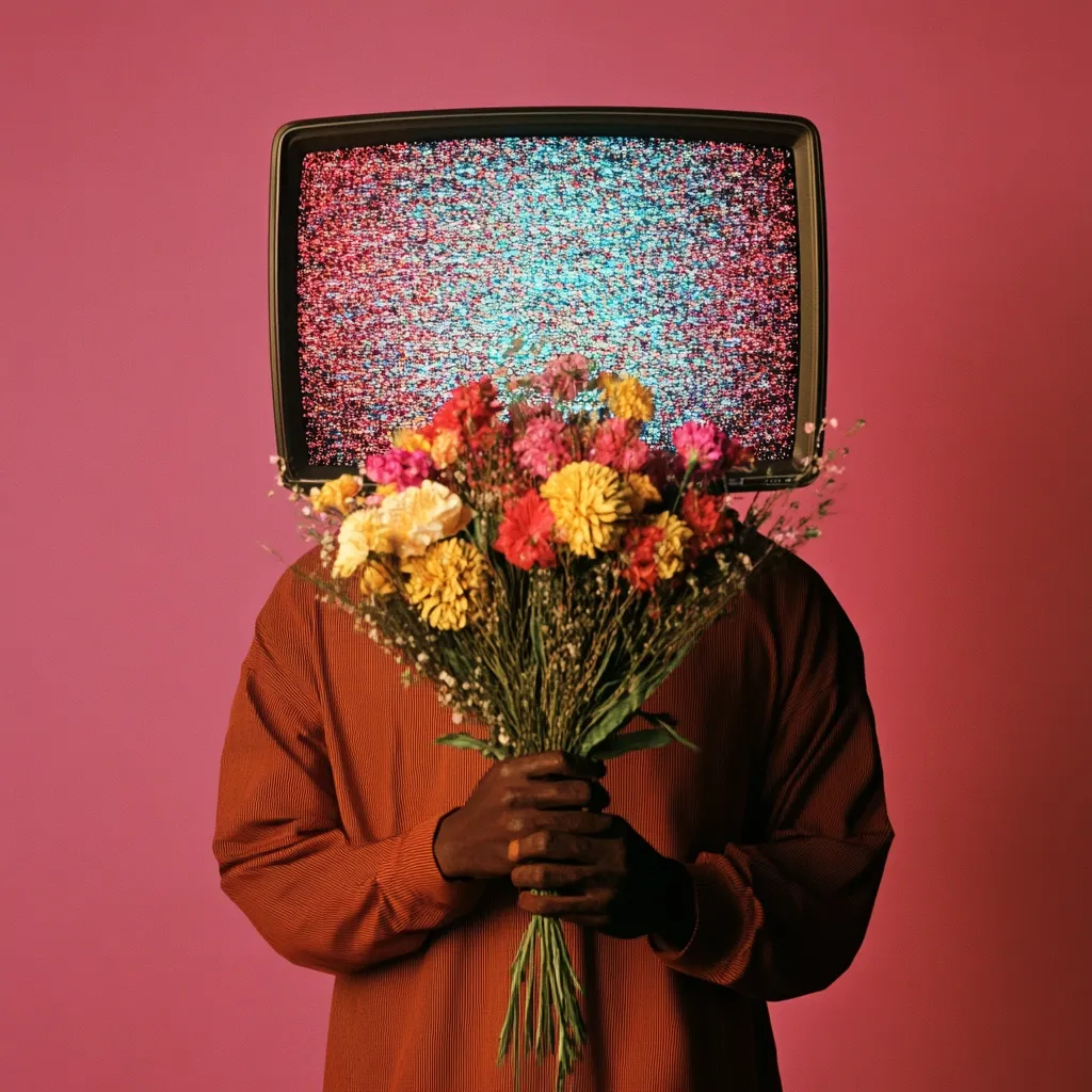 A person stands against a pink background, their head replaced by a vintage television displaying static.  They hold a vibrant bouquet of colorful flowers, their hands gently cradling the stems. The image creates a surreal juxtaposition of technology, nature, and anonymity. The rust-colored sweater adds a muted contrast to the bright flowers and the static-filled screen.