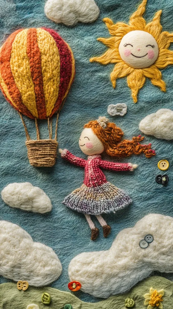 A whimsical needle-felted scene depicts a girl with red hair flying in a hot air balloon.  The balloon, clouds, sun, and girl are all crafted from yarn, creating a soft, textured image.  The cheerful sun smiles down on the girl's joyful flight across a blue sky, dotted with fluffy white clouds.  Small buttons add detail to the landscape. The overall style is charming and childlike.