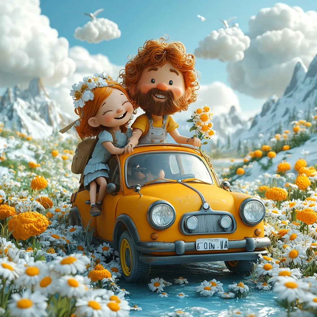 A charming illustration depicts a whimsical couple, a girl with red hair and a bearded man with curly orange hair, joyously riding in a yellow vintage car.  They are surrounded by a vibrant field of daisies and marigolds, set against a backdrop of snow-capped mountains and a bright blue sky. The scene exudes happiness and a carefree spirit, conveying a sense of adventure and romantic companionship.