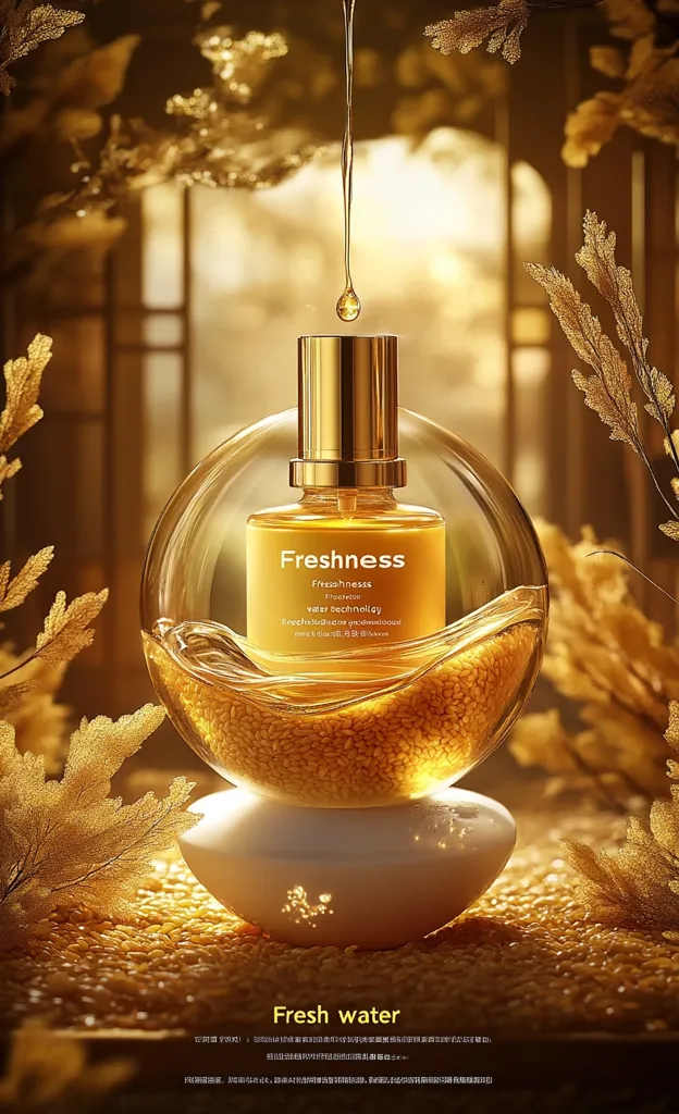 A gold bottle of "Freshness" hydration serum rests on a white pedestal within a clear glass sphere filled with golden grains.  A single drop of serum falls from above, emphasizing the product's luxurious texture and moisturizing properties. The warm lighting and elegant design create a sophisticated and inviting aesthetic.  The overall image evokes feelings of freshness and revitalization.