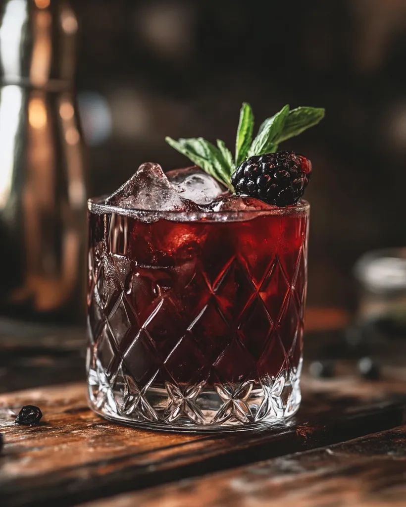 A dark red cocktail, possibly a blackberry-based drink, sits in a crystal rocks glass.  Ice cubes are visible, and a single blackberry with a sprig of mint garnishes the drink. The setting appears to be a dark, rustic bar. The focus is sharp on the cocktail, with a blurred background suggesting a dimly lit atmosphere.