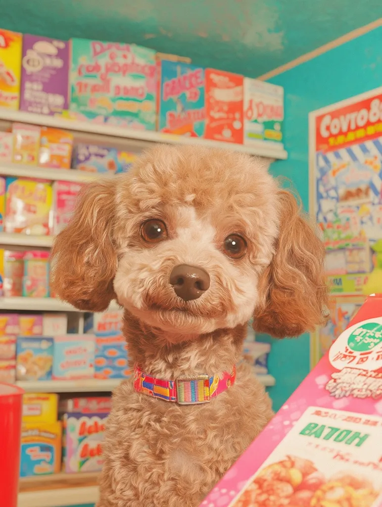 A light brown toy poodle sits in front of a brightly colored convenience store.  Shelves are stocked with various snacks and drinks. The dog wears a colorful collar and looks directly at the camera. The scene has a retro, whimsical aesthetic with pastel tones dominating the image. A pink box of snacks is partially visible in the foreground.