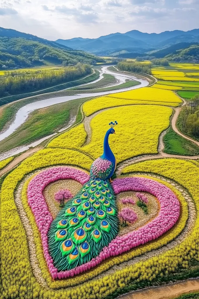 An aerial view reveals a vibrant peacock design crafted from pink and yellow flowers.  The peacock, positioned within a heart shape, is situated in rolling hills of mustard fields. A winding river meanders through the landscape, creating a picturesque scene against a backdrop of mountains under a partly cloudy sky. The image showcases a stunning blend of nature and artistic design.
