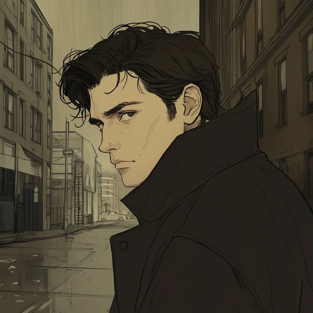 A stylized illustration depicts a young man with dark hair and a serious expression. He's wearing a dark coat, standing on a rain-slicked city street.  The background features muted-toned buildings, suggesting a melancholic or mysterious atmosphere. The art style is clean and detailed, with a focus on the character's brooding countenance. The overall mood is somber and introspective.