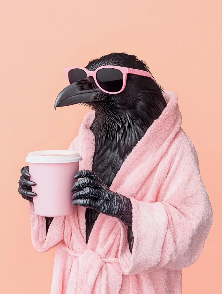 A raven, wearing pink sunglasses and a fluffy pink bathrobe, holds a pink disposable coffee cup.  The bird's dark feathers contrast sharply with the pastel pink background and accessories, creating a humorous and unexpected image. The overall aesthetic is playful and slightly surreal.