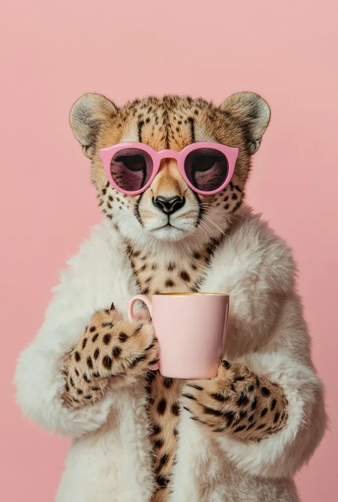 A cheetah, wearing pink sunglasses and a fluffy white coat, holds a pink coffee mug.  The cheetah's expression is serious and stylish, creating a humorous contrast between its wild nature and sophisticated attire. The backdrop is a soft pink, complementing the overall aesthetic of the image. The scene is whimsical and playful.