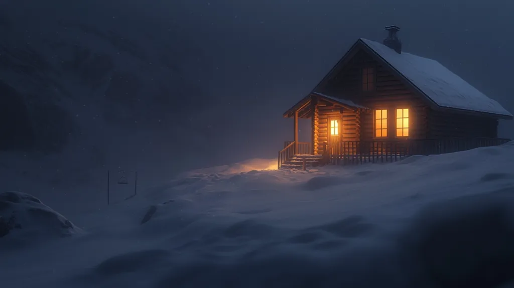 A cozy log cabin glows warmly amidst a snowy, mountainous landscape under a dark night sky.  The cabin's windows radiate a comforting light against the stark, snow-covered terrain.  A sense of isolation and peaceful solitude permeates the scene, creating a serene and wintry atmosphere.  The faint outline of distant mountains adds depth to the tranquil setting.