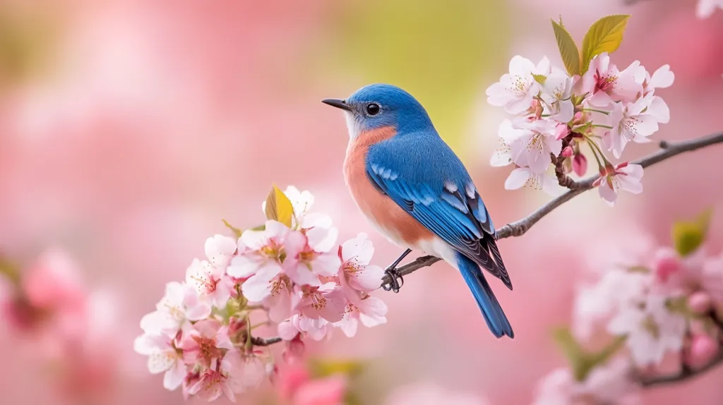 A vibrant blue bird, possibly a bluebird, perches delicately on a branch adorned with delicate pink cherry blossoms.  The soft pink and green background creates a serene springtime scene. The bird's bright plumage contrasts beautifully with the pastel flowers, showcasing the beauty of nature's harmonious blend of colors and life.