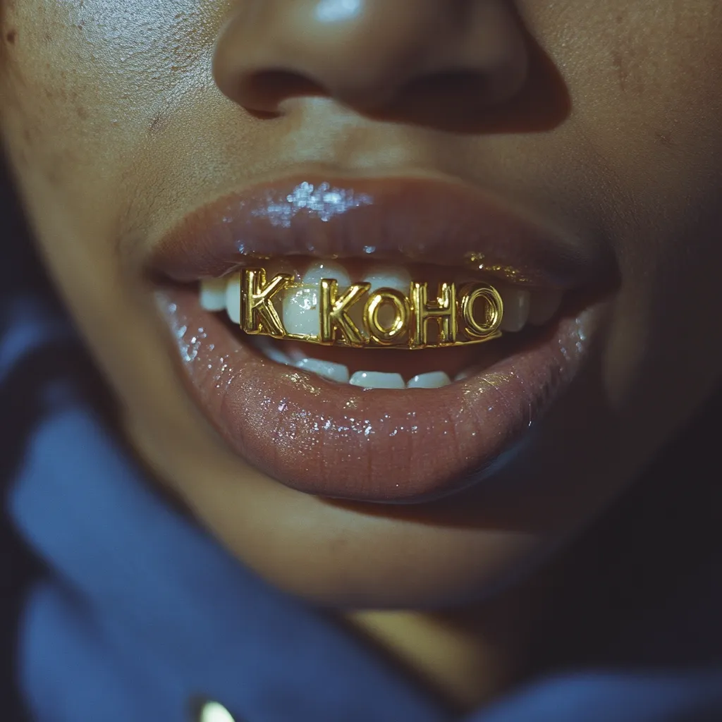 Close-up of a person's mouth wearing a gold grill with the letters "K KOHO" prominently displayed.  The individual's lips are glossy, and they are wearing a dark blue hooded garment. The image focuses sharply on the grill and the surrounding lips, creating a striking visual effect.