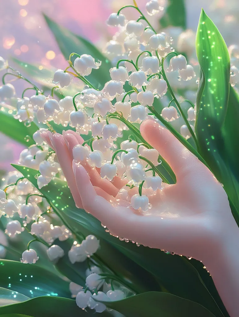 A delicate hand gently cradles a cluster of lily of the valley blossoms.  The flowers, adorned with glistening droplets of water, appear ethereal against a soft, pastel background. Lush green leaves frame the scene, creating a vibrant and magical atmosphere.  The overall impression is one of serene beauty and natural wonder.