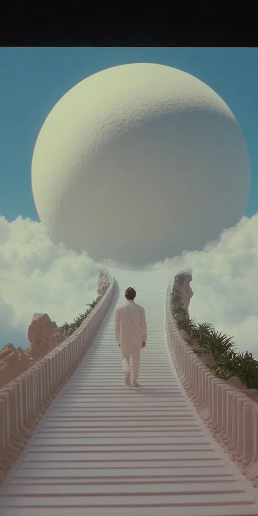 A man in a white suit ascends a long, white staircase leading upwards towards a colossal, pale orb suspended in a sky filled with fluffy clouds. The staircase is flanked by low, white walls adorned with sparse greenery. The scene evokes a sense of serenity and ethereal beauty, suggesting a journey toward enlightenment or a higher plane of existence. The overall aesthetic is dreamlike and surreal.