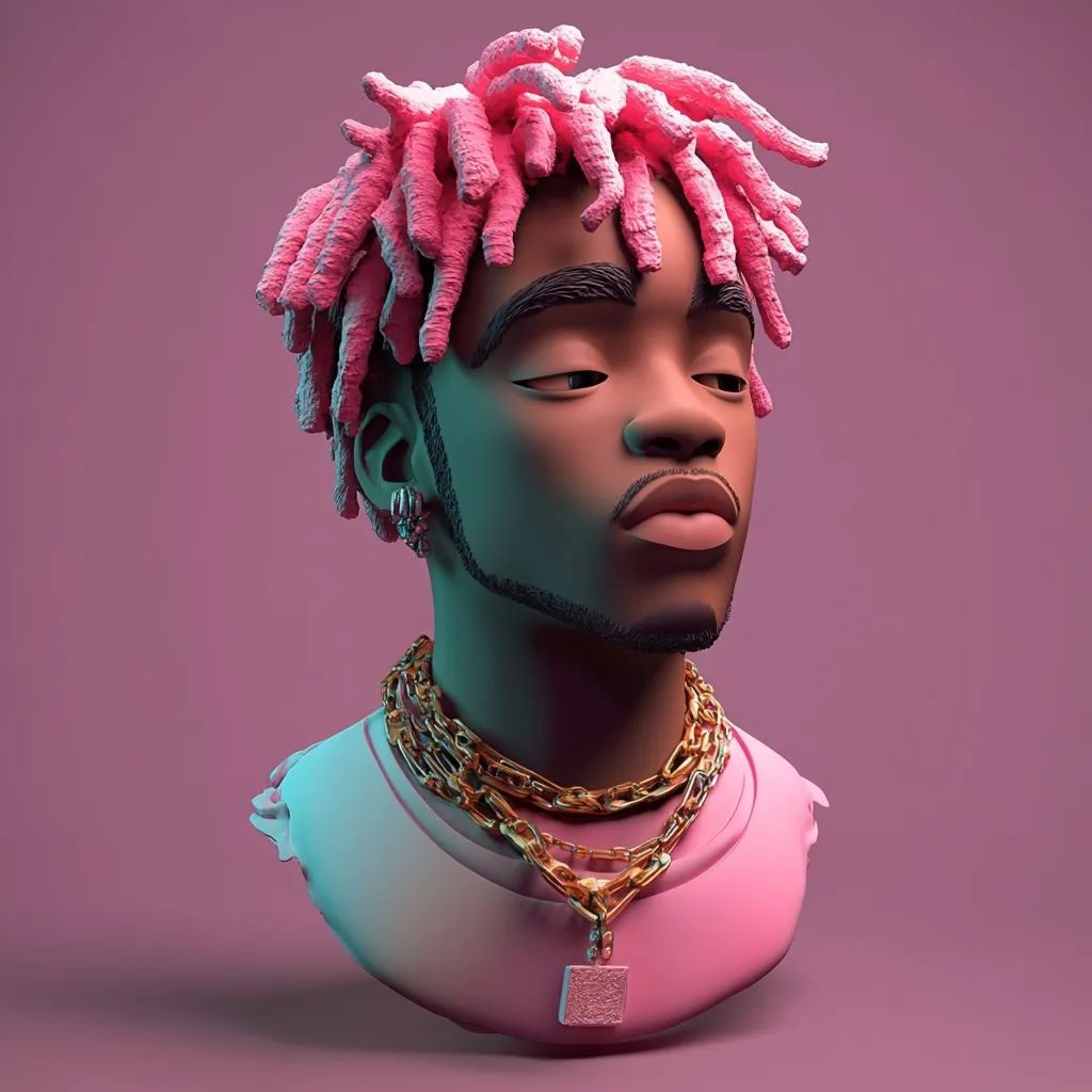A stylized 3D render of a young man's bust. He has pink dreadlocks, dark skin, and is adorned with multiple gold chains and a pendant. The lighting is vibrant, casting a teal and pink hue on the subject, which is set against a muted pink background.  The style is reminiscent of contemporary digital art and character design.