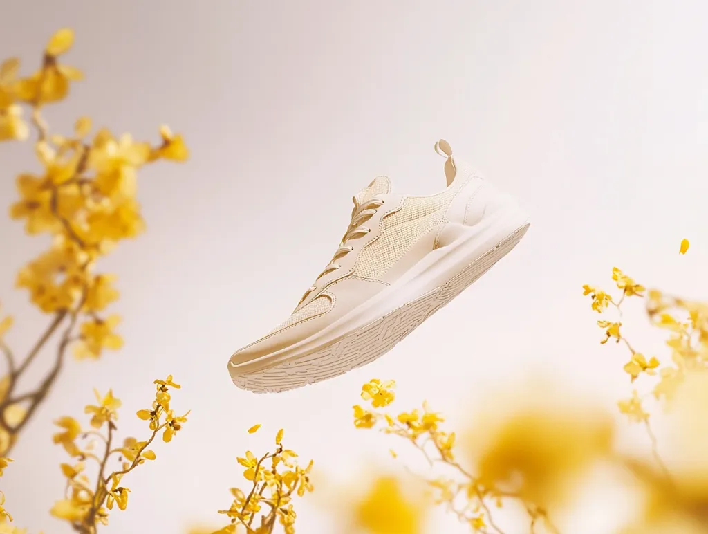 A cream-colored sneaker floats mid-air, seemingly suspended amongst delicate, bright yellow flowering branches. The shoe's design is modern and sleek, with a textured upper and a chunky sole. The background is softly blurred, focusing attention on the sneaker and the vibrant blossoms. The image evokes a feeling of lightness and spring.