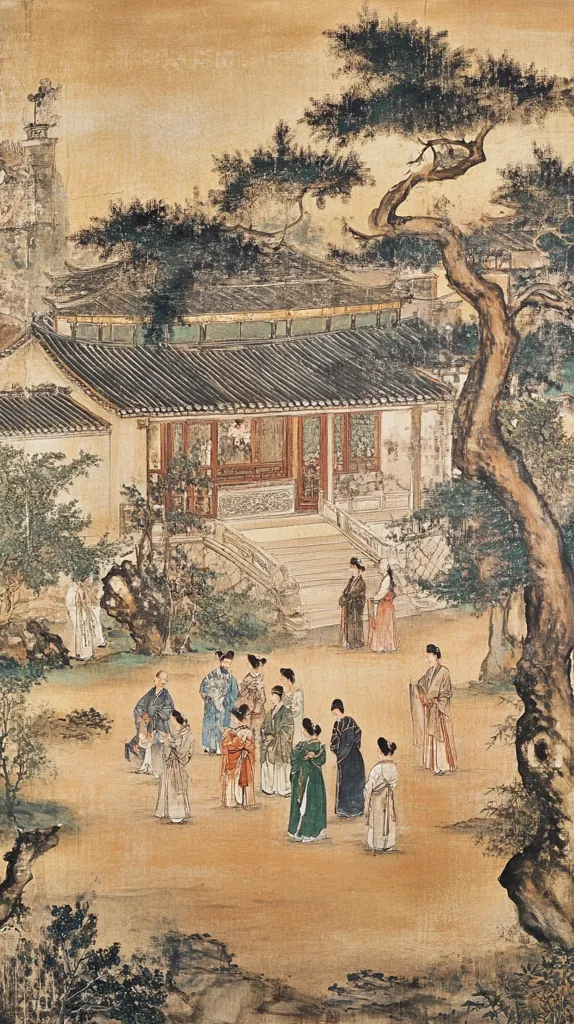 A Chinese painting depicts a tranquil courtyard scene.  Numerous figures, primarily women in elegant robes, gather in front of a grand house.  Mature trees and lush greenery surround the building, creating a serene atmosphere. The architectural style suggests a classical Chinese setting, possibly a palace or wealthy estate. The painting's muted color palette emphasizes the calm and contemplative mood.