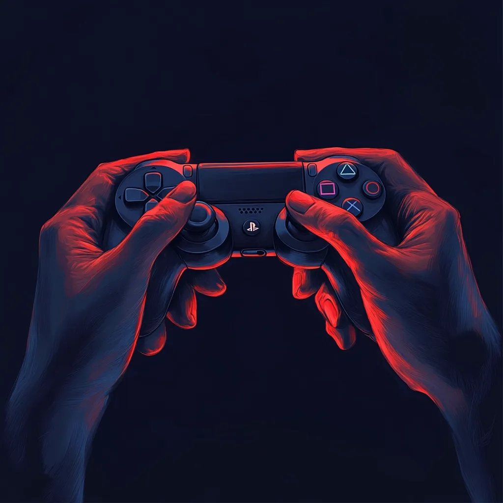 A stylized image depicts a pair of hands gripping a PlayStation controller.  The hands are rendered in a dark blue, highlighted with vibrant red accents, creating a dramatic contrast against a deep black background. The controller is centrally positioned, sharply focused, emphasizing its sleek, black design. The overall aesthetic is dark, moody, and suggestive of intense gaming.
