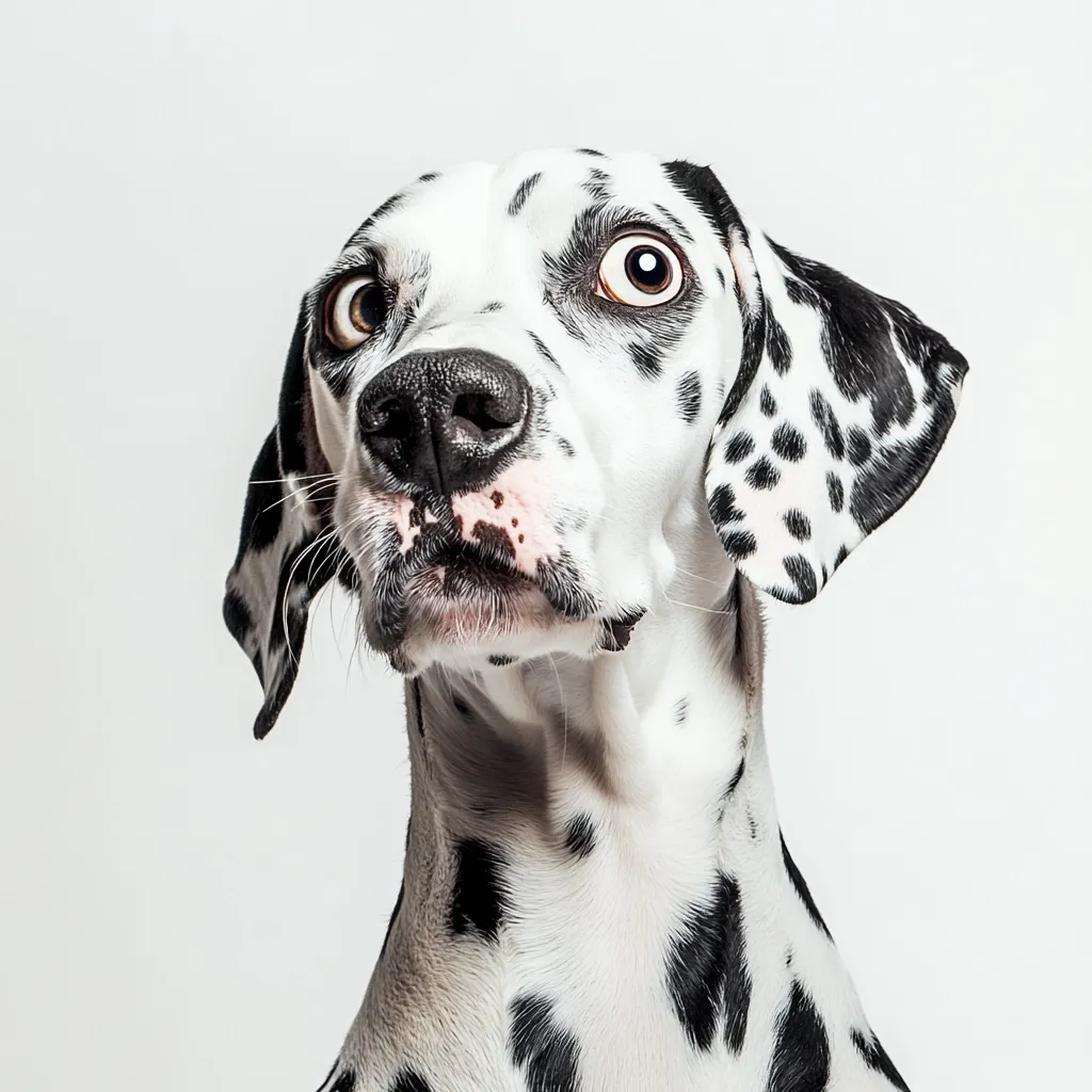 A Dalmatian dog with wide, surprised eyes looks up and to the side. Its black and white spotted coat is clearly visible, and its expression is one of curiosity or bewilderment. The dog's head is tilted, adding to its inquisitive posture.  The background is a simple, uncluttered white, drawing focus to the dog's expressive face.